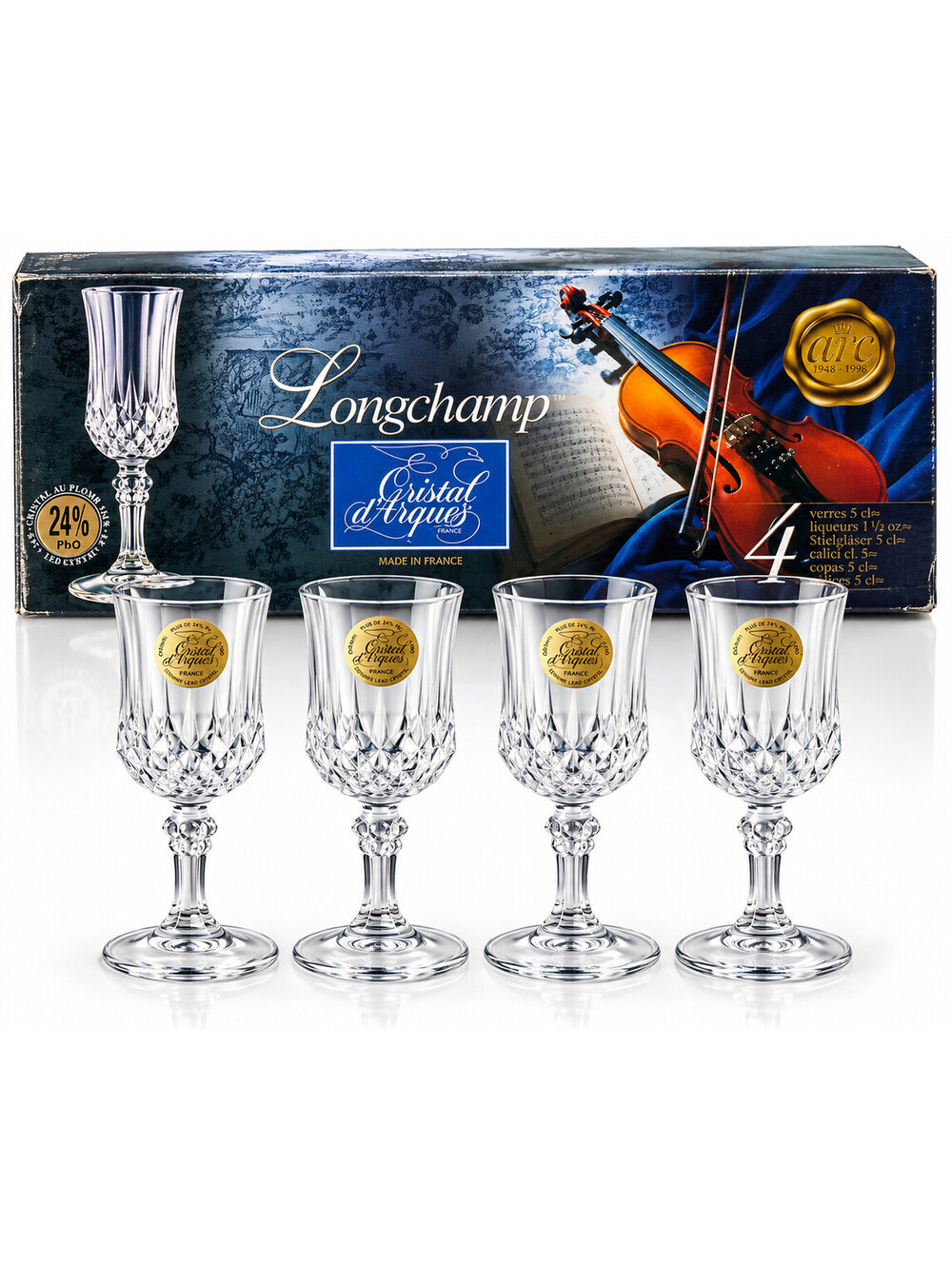 Cristal d’Arques Longchamp Cordial Liqueur Glasses Set 4 Lead Crystal France Box